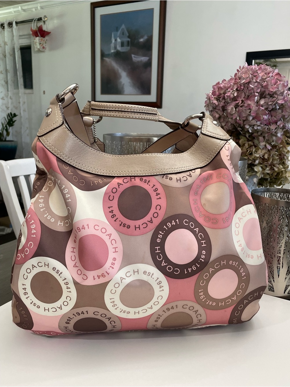 Coach Madison Op Art Maggie Hobo F18440 Pink Brown Satchel Shoulder Bag